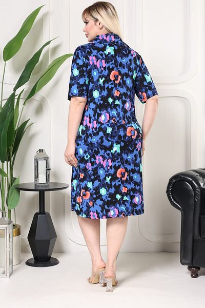 sinemisxxl Patterned Large Size Dress with Lycra Vskon Fabric Collar