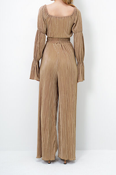 VAGGON Women's Beige Wrinkled Bustier and Pants Set Vs00114