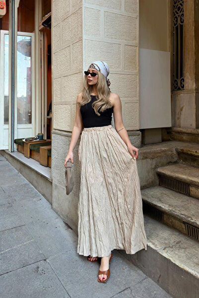 beymood Fusta de damă talie înaltă bej, fără buzunare, cu riduri