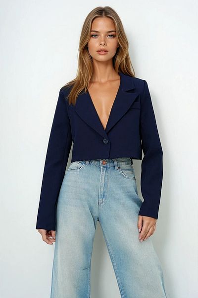 VAGGON Women's Navy Blue Buttoned Crop Jacket Vs00121