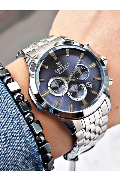 Reward Silver Color Sport Guaranteed Steel Cord Men Wrist Watch + Bracelet