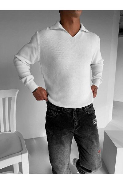 ablukaonline Ανδρικό πουλόβερ Polo V-Neck Slim Fit Basic Ecru