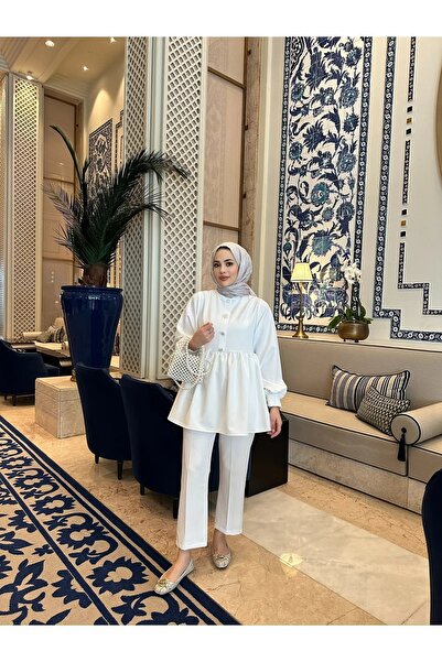 allwear Double Suit with Stone Button Detail, Crepe Fabric, Straight Leg, Judge Collar