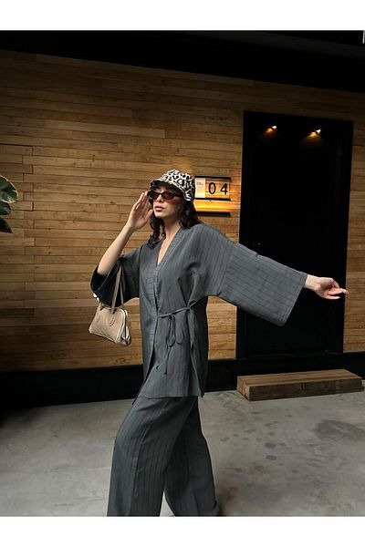minaaise Women's Anthracite Self Patterned 100% Modal Bottom/Top Kimono Set 29065