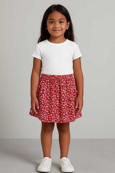 gigigiyim Floral Patterned Girls' Skirt with Shorts Inside Red-White