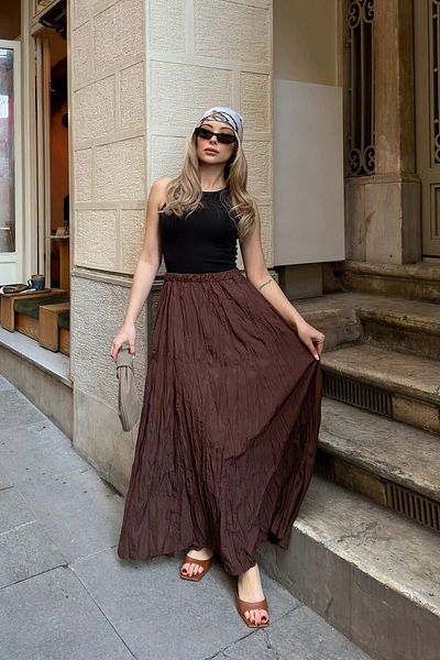 beymood Brown Crinkle Pocketless High Waist Women's Midi Skirt