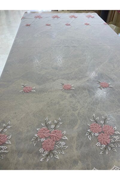 METERİAL 130 cm Eninde Pudra Güllü Tül Dantel Kumaş | Nakışlı ve Desenli Kena...