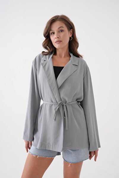 minaaise Women's Gray Lace Detailed Unlined Modal Jacket 29081