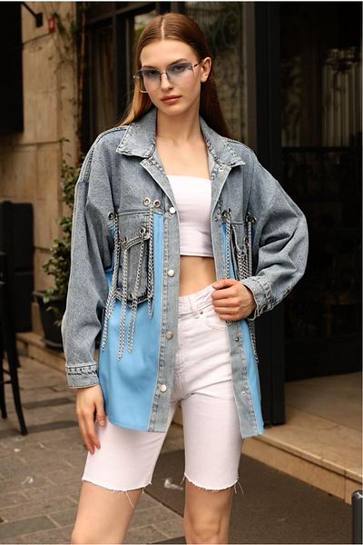 FEMELLE Women's Blue Snap Button Double Pocket Chain Eyelet Detailed Oversize Denim Jacket