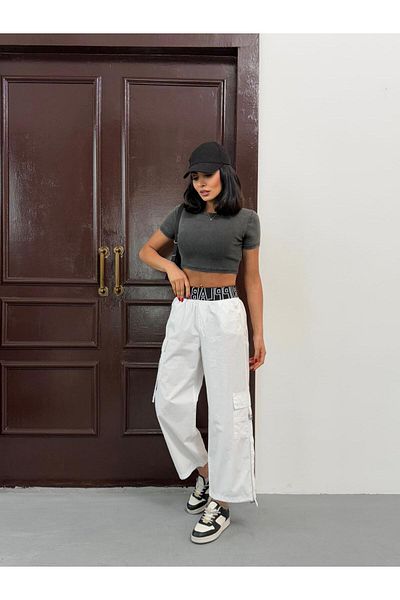 Zeo Basic ZEO Basic Parachute Sand - White Cargo Pants, Elastic Waist and Legs