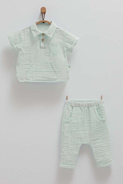 Caramell Yeşil Müslin Gömlek-Pantolon Takım
