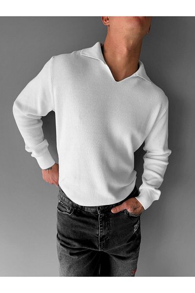 ablukaonline Ανδρικό πουλόβερ Polo V-Neck Slim Fit Basic Ecru