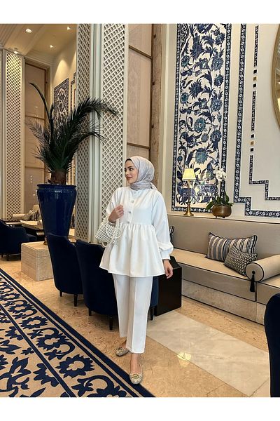 allwear Double Suit with Stone Button Detail, Crepe Fabric, Straight Leg, Judge Collar