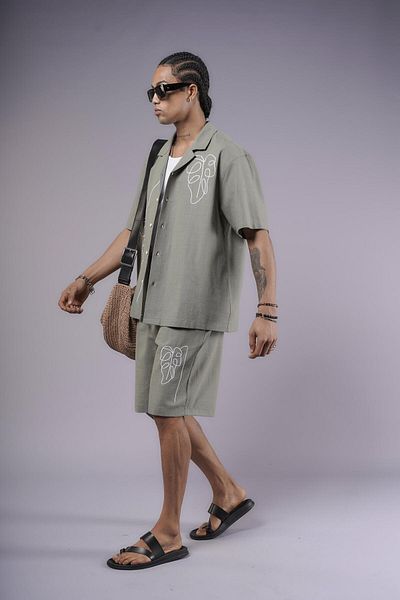 king brich Embroidery Detailed Cotton Linen Shorts Set