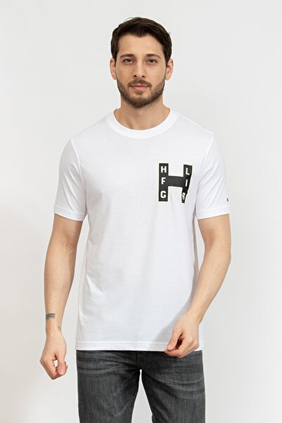 Tommy Hilfiger Men's Brand Logo Detailed Short Sleeve Round Collar White T-Sh...
