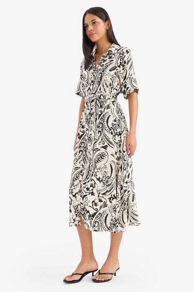 DeFacto New Season Shirt Collar Floral Pattern Belted Short Sleeve Midi Dress
