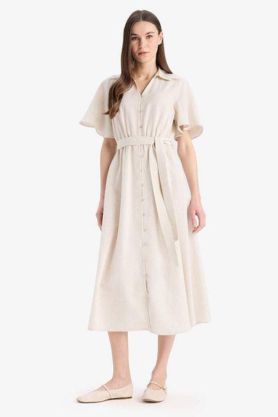 DeFacto New Season Shirt Collar Linen Blended Short Sleeve Dress