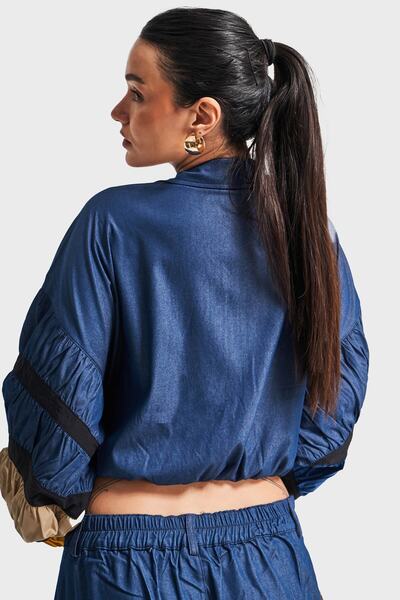 its basic Kadın Koyu Mavi Renk Parçalı Kumaş Bol Kesim Tasarım Ceket