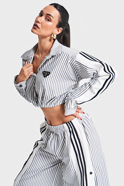 its basic Cămașă de damă cu dungi alb-negru cu design detaliat