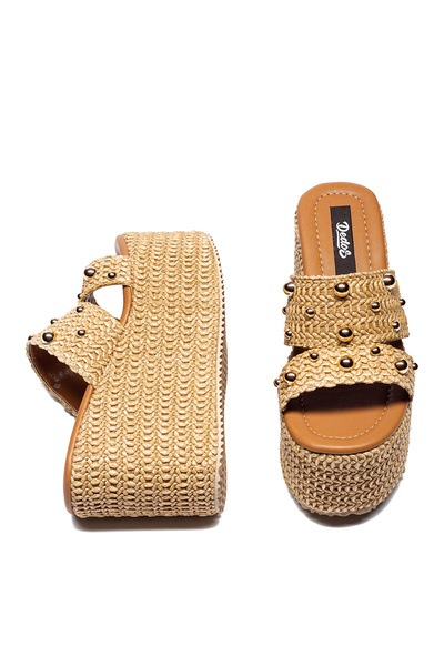 Dedos Women's Straw Knitted Buckle High Platform Heeled Slippers 2225