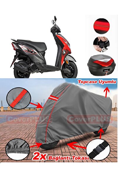 CoverPlus Honda Dio Arka Çanta Uyumlu Motor Brandası Motosiklet Brandası Kırmızı Dikişli Gri