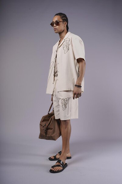 king brich Embroidery Detailed Cotton Linen Shorts Set