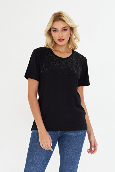 MODA بلوزة نسائية من القطن الممشط بأكمام قصيرة ومطرزة بالحجر الأسود