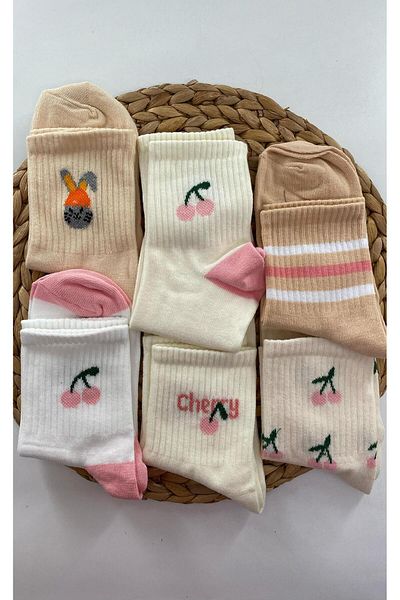 DoDe Flora Women's Cherry Patterned College Socks 6 Pairs Esinti