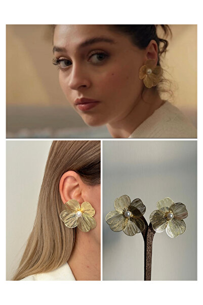 YOUES JEWELRY Çiçek Lüx Inci Peri Küpe Tel Küpe Taşlı Kadın Küpe Gold Leyla Küpe