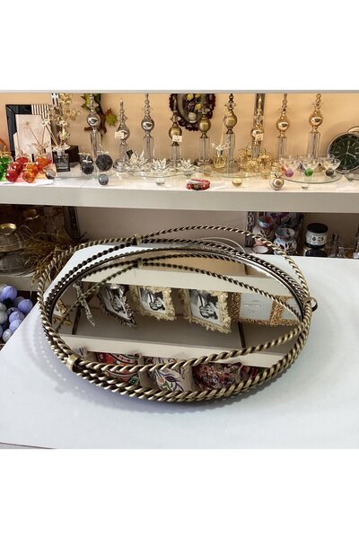 Gold home design Eskitme Dekoratif Tasarım Burgulu Aynalı Sunumluk Tepsi