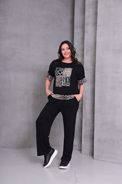 Esina Дамски анцуг от вискоза с къс ръкав и леопардови мотиви и камъни