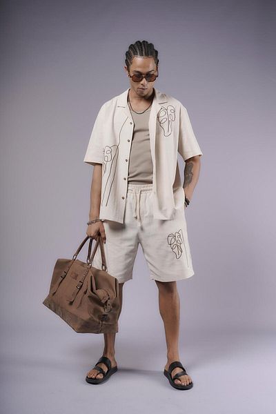 king brich Embroidery Detailed Cotton Linen Shorts Set
