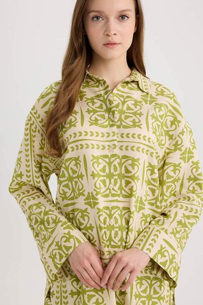 DeFacto Relax Fit Patterned Linen Blended Long Sleeve Hijab Shirt Tunic D8184Ax25Sp