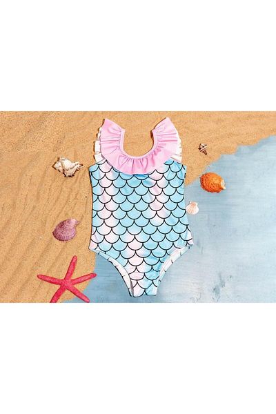 YUMİYUMM Girl's Mermaid Patterned Ruffled Blue-Pink Swimsuit