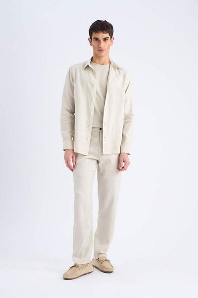 DeFacto New Season 100% Linen Regular Fit Polo Neck Summer Long Sleeve Shirt
