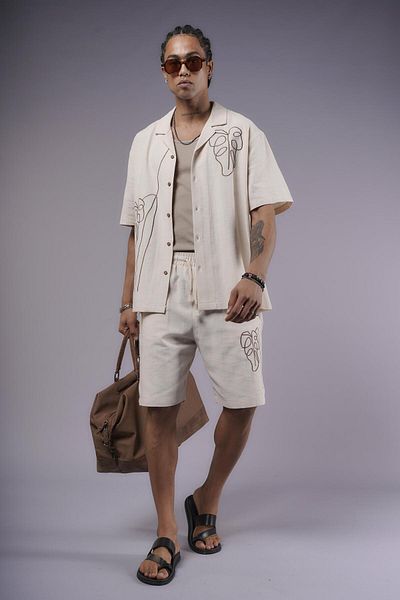 king brich Embroidery Detailed Cotton Linen Shorts Set