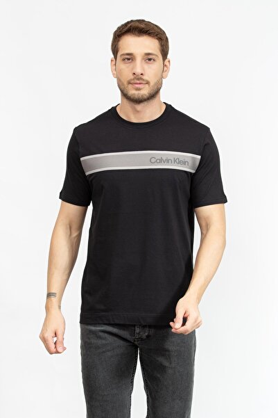 Calvin Klein Erkek Şerit Logo Detaylı Kısa Kollu Siyah T-Shirt 00GMF4K112-BAE