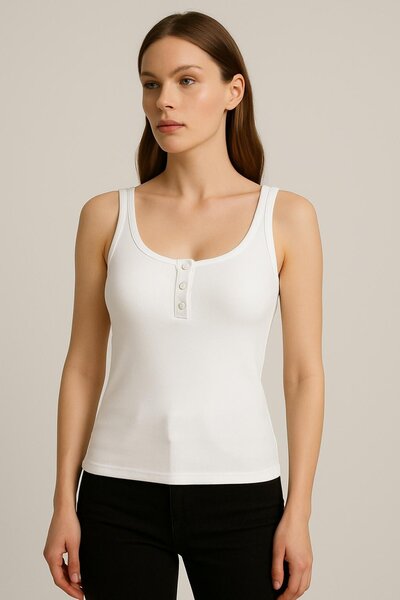 HAKKE Compact Ribbed U-Neck Buttoned Bluz