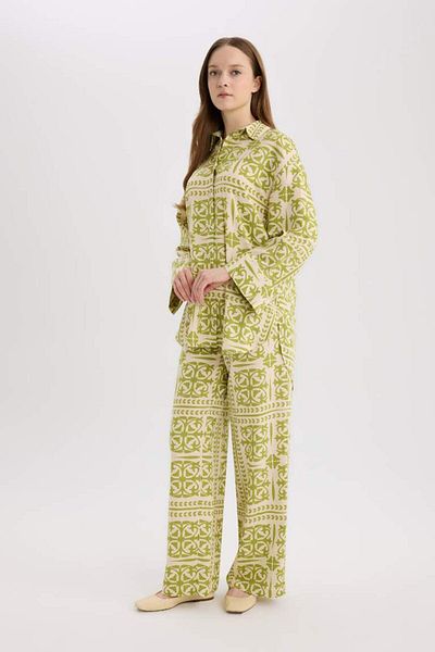 DeFacto Relax Fit Patterned Linen Blended Long Sleeve Hijab Shirt Tunic D8184Ax25Sp
