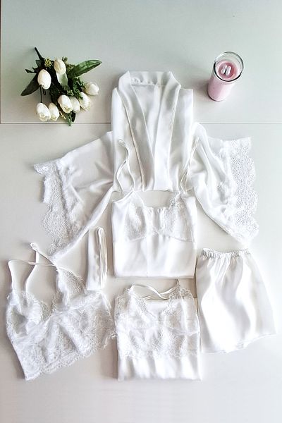 PEMBİŞ HOMEWEAR La Rozita Special White 5 Piece Satin Chiffon Dowry Set