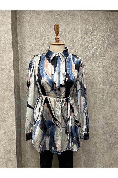 MİSS VİSHNE 25y5312 Gömlek Saten Desenli Mavi