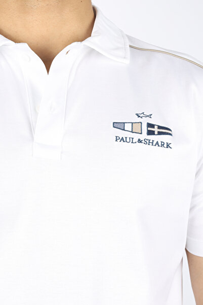 PAUL&SHARK Men's Regular Fit Striped Shoulders Cotton Line Detailed Short Sleeve White Polo Neck T-Shirt 25411324