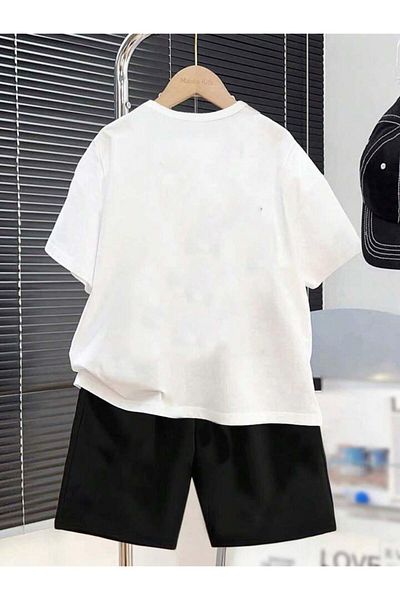 vinraus Girl\Boy White-Black Adventure Teddy Bear Printed Combed Cotton Shorts-Tshirt Set