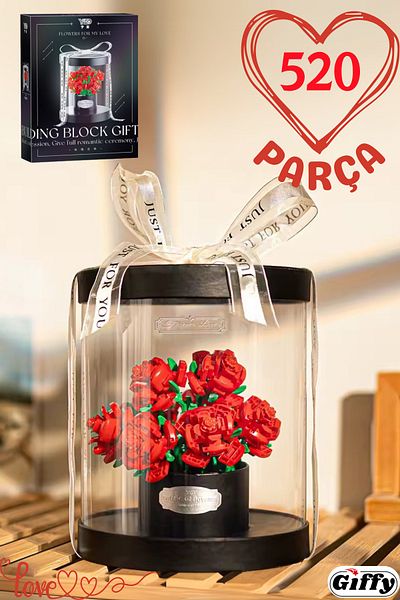 giffy Romantic 🌹 Flower Building Block Set Boxed Red Rose with Pot and Box Gift for Lover 520 Pieces of Flowers