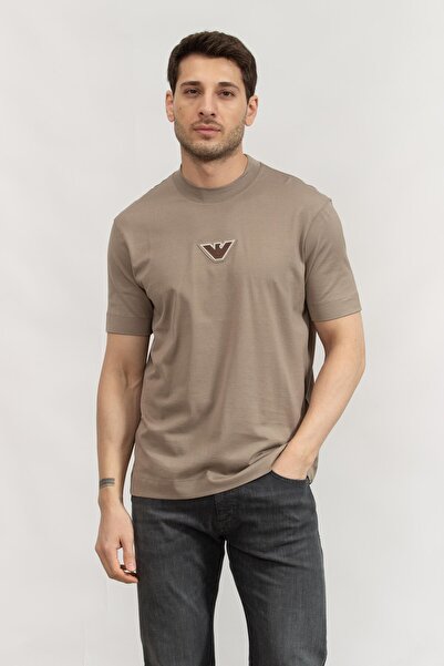 Emporio Armani Erkek Marka Logolu Organik Pamuklu Kısa Kollu Bej T-Shirt