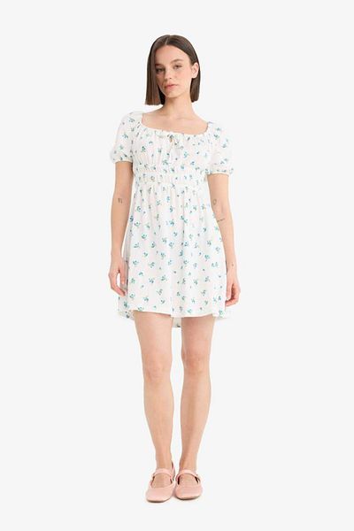 DeFacto New Season Coool Square Neck Floral Wrap Short Sleeve Mini Dress