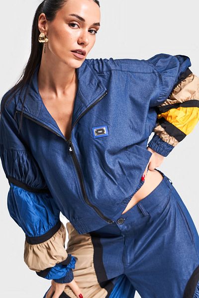 its basic Women's Dark Blue Color Patchwork Fabric Loose Cut Design Jacket