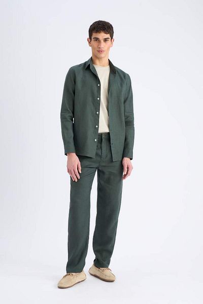 DeFacto New Season 100% Linen Regular Fit Polo Neck Summer Long Sleeve Shirt