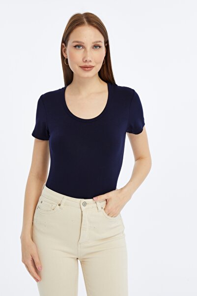 LAENT Bluză de damă, albastru marin, cu decolteu tip bicicletă, cu mânecă scu...