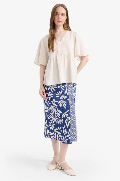 DeFacto New Season Regular Fit V Neck Linen Blended Short Sleeve Blouse